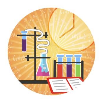 Preparing Students for Extracurricular Activities. Vector Flat Illustration on Brown Background in White Round Frame. On Table are Test Tubes Flasks Beakers on Background Large Clock.