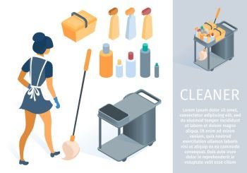 Woman Cleaner with Cleaning Trolley Mop Household Supplies Equipment Tools Vector Isometric Illustration. Maid in Uniform Cartoon Character. Professional Cleaning Service Staff with Janitor Cart. Maid in Uniform with Cleaning Trolley Cartoon