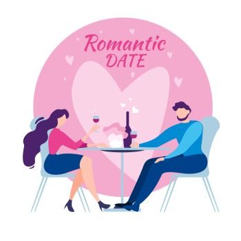 Romantic Date Cartoon Man and Woman at Cafe Table Dinner Vector Illustration. Restaurant Dating Evening. Heart Love, Romance, Marriage Proposal Engagement Celebration Couple. Wine Glass Bottle. Cartoon Man Woman Cafe Table Romantic Dinner Date