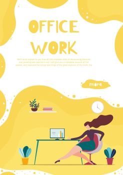 Office Work Banner for Mobile Business Application. Busy Cartoon Woman Character Sitting at Desk and Using Computer Report Compilation. Vector Flat Illustration with Place for Service Information. Office Work Banner for Mobile Business Application