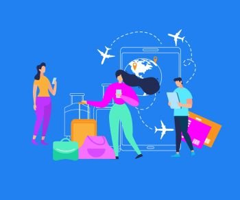 Mobile Services for Traveling People Flat Vector Concept. Tourists Searching Flight Schedules, Planing Vacation Travel, Ordering Baggage Transporting, Booking Tickets with Online App Illustration
