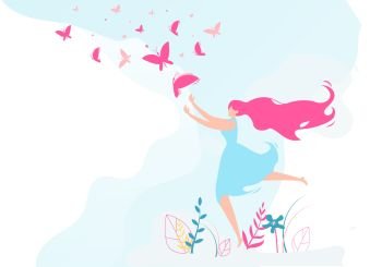 Congratulations on Happy Women’s Day Flat Cartoon Vector Illustration. Beautiful Girl Catching Butterfly with Wings in Pink Color. Fairytale Character Running on Grass with Different Leaves.