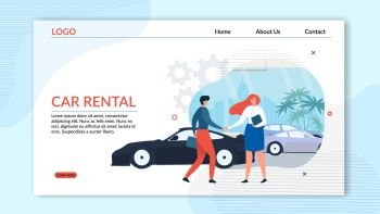 Landing Page Banner Professional Car Rental Service Website. Girl, Manager welcome new client in Rental Office. Rental Deal. Sport Car Rental. Vector Illustration Concept Web Landing Page, Banner. Landing Page Professional Car Rental Service