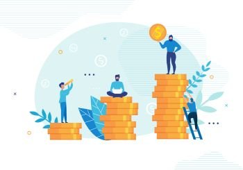 People Communicate and Work on Financial Issues Standing on Gold Coins Stacks. Metaphor Investment Profit Growing Chart. Man and Woman Do Business and Look for Perspectives. Vector Flat Illustration. People Communicate and Work on Financial Issues