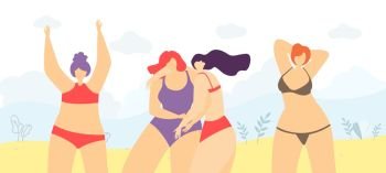 Flat Cartoon Motivational Banner with Positive Woman Body Concept Vector Illustration of Confident Beautiful Plus Size Girls in Swimwear on Beach Having Good Thoughts Enjoying Summertime Recreation. Motivational Cartoon Banner Positive Woman Body