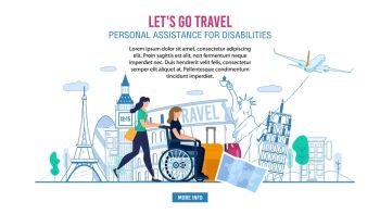 Webpage Banner Advertising Professional Assistance for Disabled People during Europe Voyage, Travelling on Vacation. Woman Volunteer Pushing Lady in Wheelchair, Help with Luggage Vector Illustration