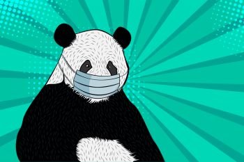 Panda in a medical mask. Pop art retro comic style vector illustration. Coronavirus treatment concept.