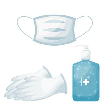 Personal hygiene set, facial mask with medical gloves and hand sanitizer. vector illustration