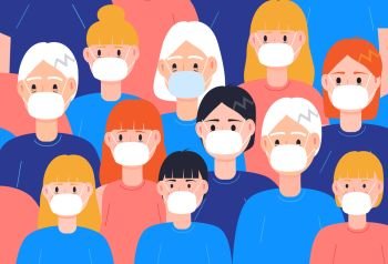 Coronavirus in the world. 2019-nCoV pandemic situation, people in white medical face mask. Coronavirus quarantine concept vector illustration.. Coronavirus in the world. 2019-nCoV pandemic situation, people in white medical face mask. Coronavirus quarantine concept vector