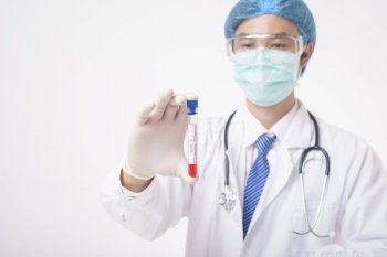 Doctor is holding infected  covid-19  blood test  on white Background 