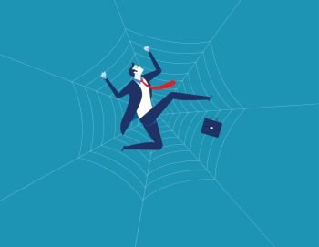 Businessman and spider web. Concept business character vector illustration. Flat design style.
