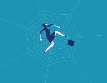 Businesswoman and spider web. Concept business character vector illustration. Flat design style.