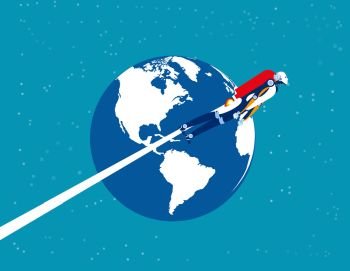 Astronaut robot over the planet earth. Concept business technology vector illustration. Flat cartoon character style design.