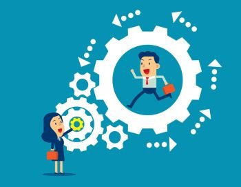 Teamwork. Manager working with employee together. Concept business vector illustration; Flat business cartoon; Team; Leadership; Gears; Mechanism.