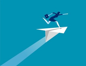 Businesswoman ride paper plane and pointing to target. Concept business vector illustration, Flat business cartoon, Character style design, Success