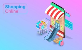 Shopping online on Website or Mobile Application with credit card. Shopping cart with Fast delivery. isometric flat vector design