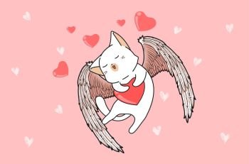 Kawaii cupid cat with heart background