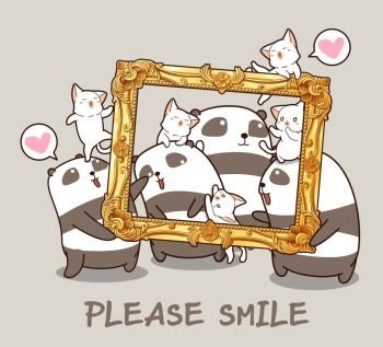 Kawaii pandas and cats with a luxury frame