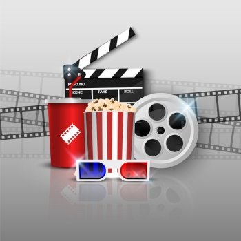 Cinema background concept, movie theater object on grey  background, vector illustration