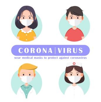 Illustration cute character wear medical masks to protect against coronavirus , covid-19 , vector