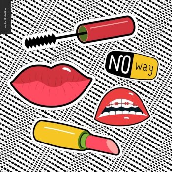 Set of contemporary girlish patches elements on fabric background. Lips, lipstick, mascara brush, lettering No way. Vector stickers kit.. Patches hand drawn set