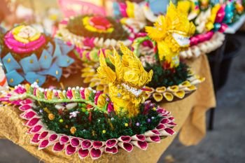 Krathong of floating basket by banana leaf Thai style for Loy Krathong Festival or Thai New Year and river goddess worship ceremony,the full moon of the 12th month Be famous festival of Thailand. 