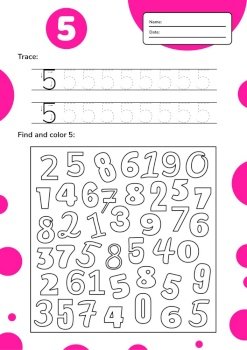 Educational worksheet for preschool and school kids. Number game for children. Trace, find and color five. Vector illustration.. Educational worksheet for preschool and school kids. Number game for children. Trace, find and color five. Vector illustration