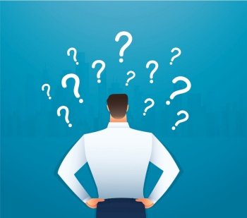 back view of businessman looking at  question marks vector illustration 