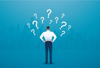 back view of businessman looking at  question marks vector illustration 