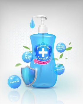 Hand sanitizer gel products 75% alcohol component, kills up to 99.99% of viruses covid-19, bacteria and germs. packed in a clear plastic top-press bottle. Realistic file.