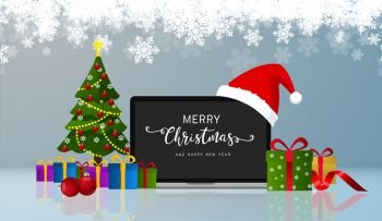 Realistic laptop monitor with santa hat. Vector.	