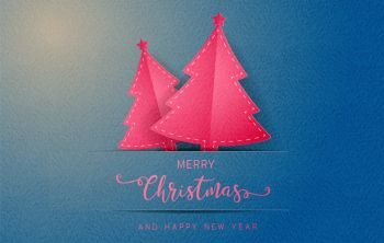 merry Christmas and happy new year invitation card, Paper cut with pink tree over paper craft background
