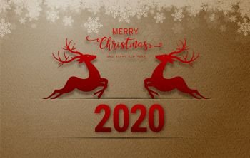 merry Christmas and happy new year invitation card, Paper cut with reindeer over paper craft background	