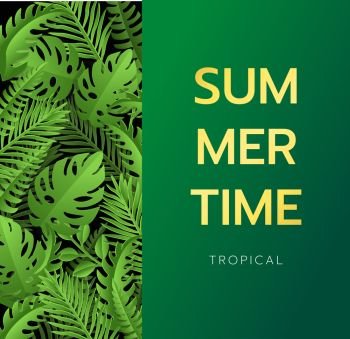 Hello Summer banner Tropical palm leaves background. Invitation or card design with jungle leaves. Vector illustration in trendy style.