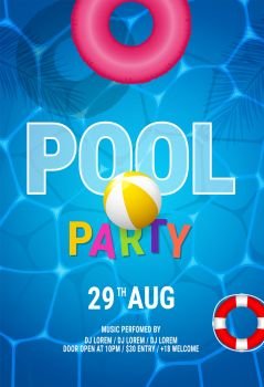 Pool summer party invitation banner flyer design. Blue water vector summer background