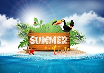 Summer time vector design concept of 3d text in beach island on blue sky background.  banner, poster, 