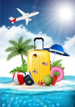 Time to travel summer beach holiday vacation poster or banner realistic design vector illustration concept. luggage suitcase, pasport, tickets signs, Island is surrounded, Sea, Beach, Umbrella	