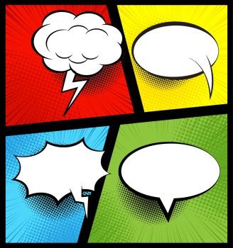 Colorful comic book background with blank white speech bubbles of different shapes in pop-art style. Rays, radial, halftone, dotted effects.