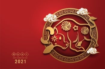 2021 Chinese New Year greeting card Zodiac sign with paper cut. Year of the OX. Golden and red ornament. Concept for holiday banner template, decor element. Translation : Happy chinese new year 2021, 