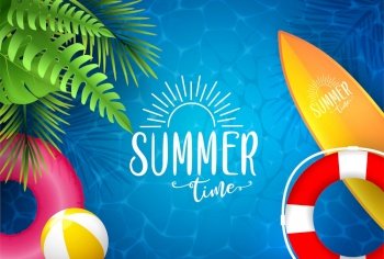 Summer sea poster. Vector illustration with deep underwater ocean scene. Background with realistic clouds and summer 3d text	