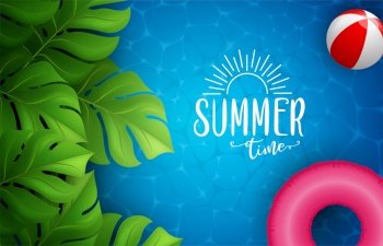 Summer sea poster. Vector illustration with deep underwater ocean scene. Background with realistic clouds and summer 3d text	
