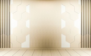 Hexagon tile wall on Empty white room on wooden floor interior design. 3D rendering