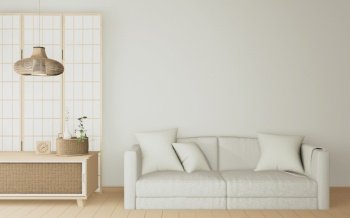 white Sofa minimal and wooden cabinet in modern room interior Japanese. 3D rendering