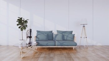 The front corner with the gray sofa in the middle of the room wall design on floor wooden tile.3d rendering