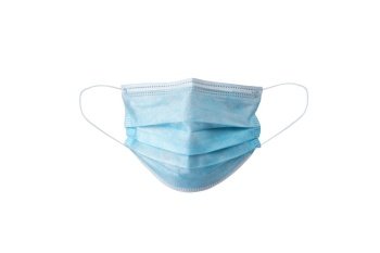 Medical face mask isolated on white background with clipping path around the face mask and the ear rope. Concept of COVID-19 or Coronavirus Disease 2019 prevention by wearing face mask.