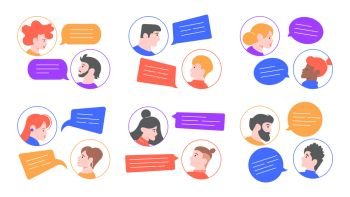 Speaking people. Men and women profile avatars conversation, young couple speaking, chatting together. People communication, brainstorm speaking vector illustration set. Interlocutors comments, chat. Speaking people. Men and women profile avatars conversation, young couple speaking, chatting together. People communication, brainstorm speaking vector illustration set. Chat dialogues, speech bubbles