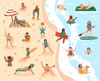 Beach summer activities. Sand beach summertime, coastline sea vacation activities, swimming and sunbathing characters vector illustration set. Surfboard and summertime, man and woman holiday playing. Beach summer activities. Sand beach summertime, coastline sea vacation activities, swimming and sunbathing characters vector illustration set