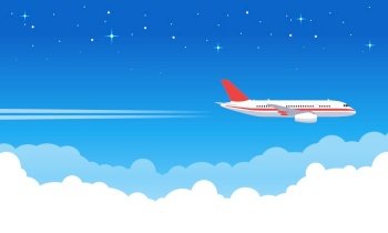 Sky aircraft. Airplane flying in blue sky, flight jet aircraft in clouds, airliner vacation or transportation trip vector illustration. Trip jet, flight transport, transportation airplane. Sky aircraft. Airplane flying in blue sky, flight jet aircraft in clouds, airliner vacation or transportation trip vector illustration