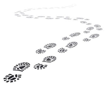 Walking far footprints. Outgoing footsteps perspective trail, walk away human foot steps silhouette, shoe steps track vector illustration. Imprint track walk, footprint black trail. Walking far footprints. Outgoing footsteps perspective trail, walk away human foot steps silhouette, shoe steps track vector illustration