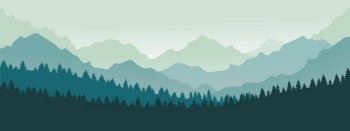 Mountains panorama. Forest mountain range landscape, blue mountains n twilight, camping nature landscape silhouette vector illustration. Forest range landscape, panorama silhouette hill. Mountains panorama. Forest mountain range landscape, blue mountains n twilight, camping nature landscape silhouette vector illustration